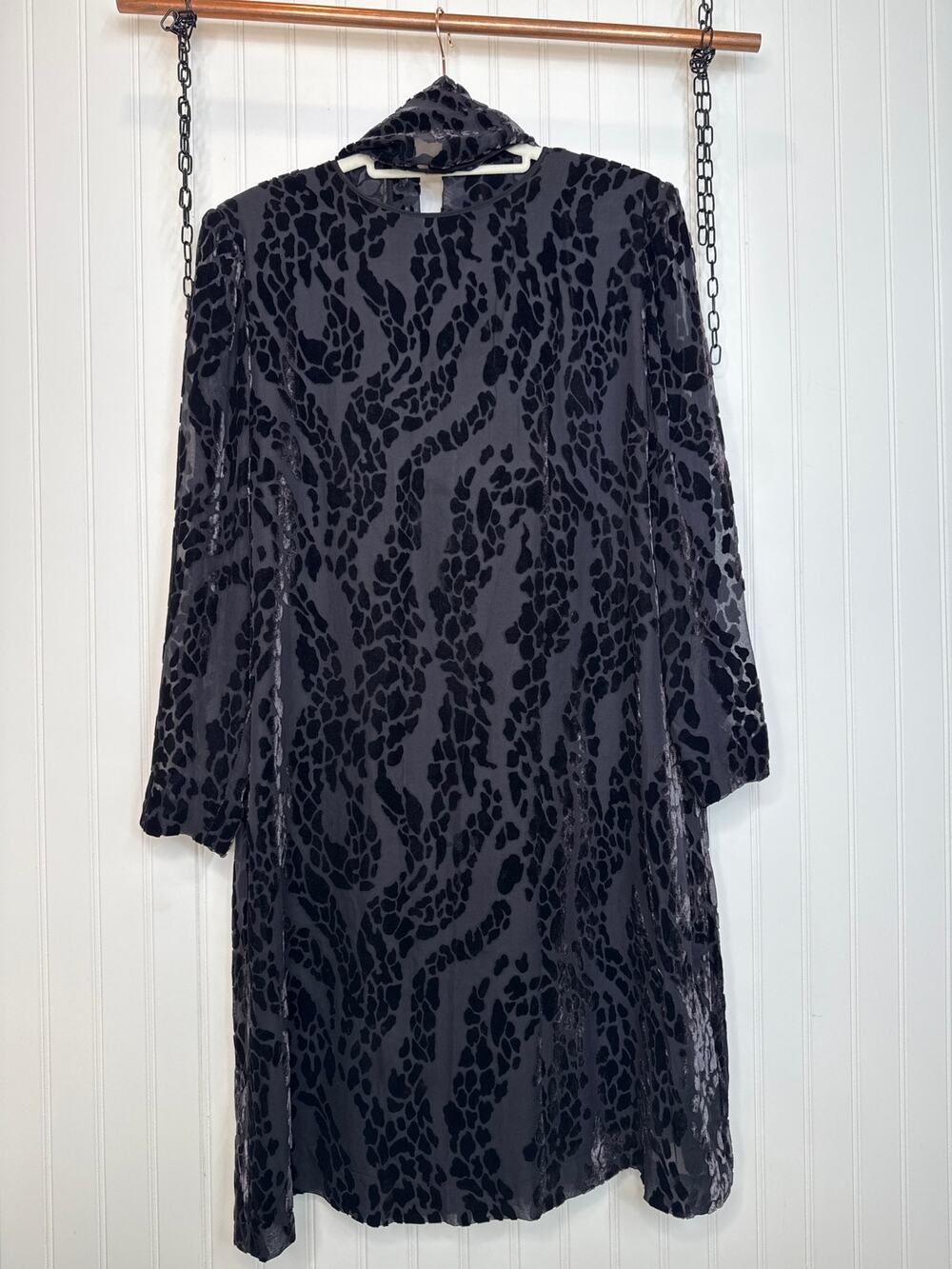 Yolanda Burnout Silk Vintage Tunic Dress Dark Purple Animal Print Shift Size M